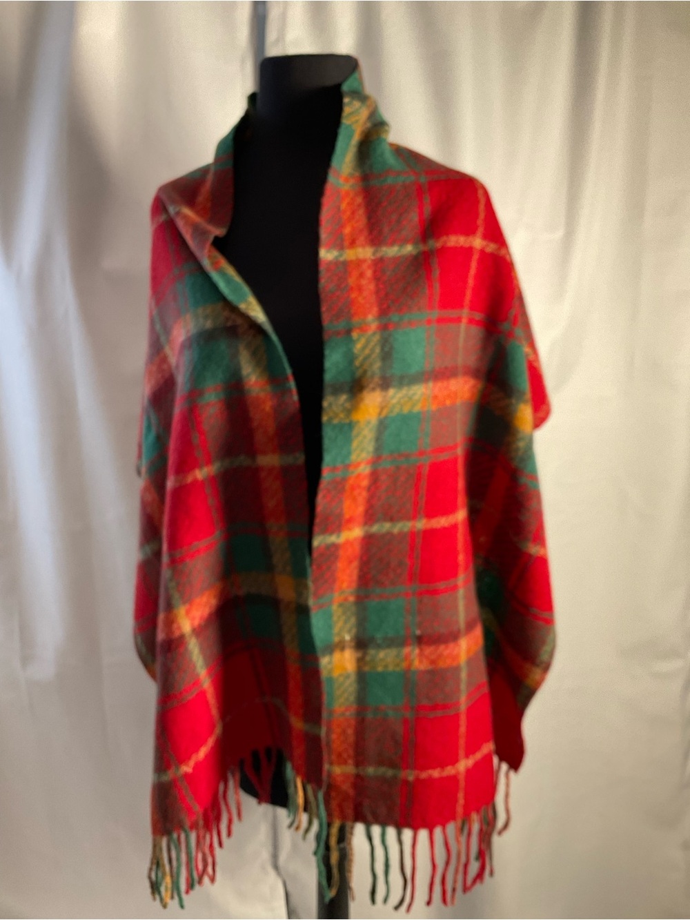 Chen X Ying  Plaid Red Fringe Wrap Cape